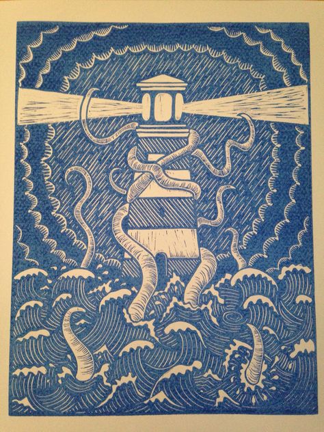 Lighthouse Lino Print, Cool Lino Prints, Lino Print Tattoo, Light House Drawing, Linolium Printing, Lino Print Ideas, Woodcut Art, Lighthouse Print, Lino Printing