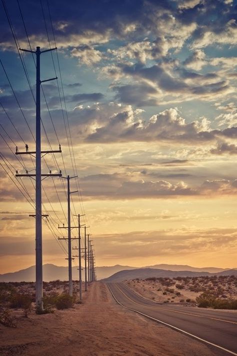 Sunset desert road  #Talk #Coldplay Desert Road, Beautiful Roads, Power Lines, Desert Sunset, Rural Landscape, Open Road, The Desert, The Great Outdoors, Landscape Photography