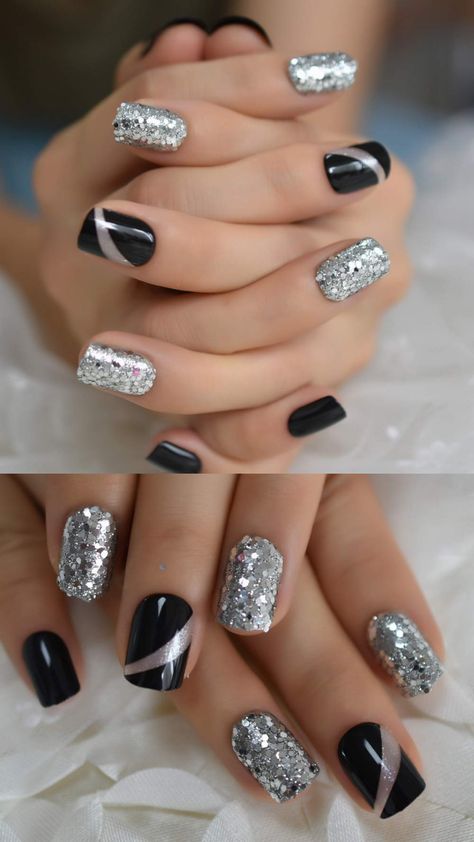 Rough Silver Glitter Faux Ongles Short Black Nails Fake Bling Lady Artificial Acrylic Nail Tips for Fingers Black And Silver Dip Nail Designs, Black And Silver Gel Nails Short, New Years Nails Acrylic Short, Black Nails Silver Design, Black Silver White Nails, Black And Silver Short Nails, New Years Nail Designs Short, Black Glitter Nails Short, Silver And Black Nail Designs