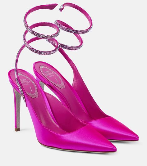 Cleo embellished satin pumps in pink - Rene Caovilla | Mytheresa Fuchsia Heels, Rene Caovilla Shoes, Rose Shoes, Gold Pumps, Designer Pumps, Blue Pumps, Pink Pumps, Rene Caovilla, Satin Pumps