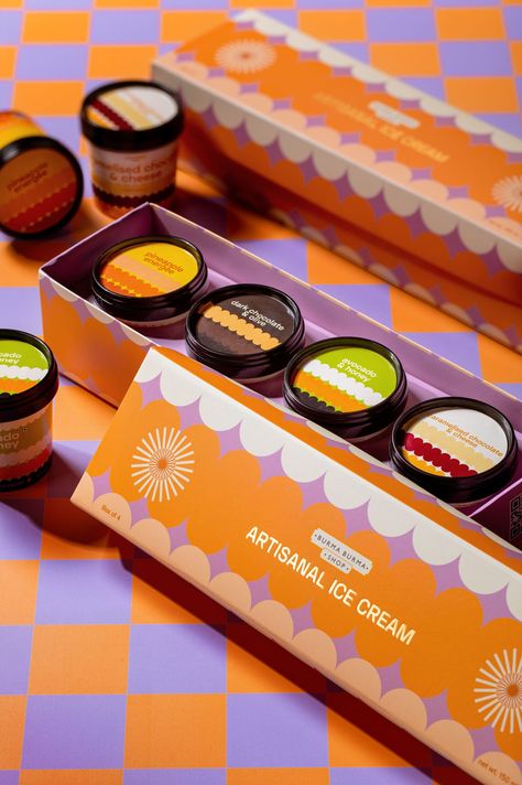 Premium Food Packaging Design, Sweet Packaging Ideas, Jam Packaging Design, Premium Food Packaging, Ice Cream Toppings Bar, Retro Packaging Design, Sweets Branding, Colorful Packaging Design, Dessert Packaging Design