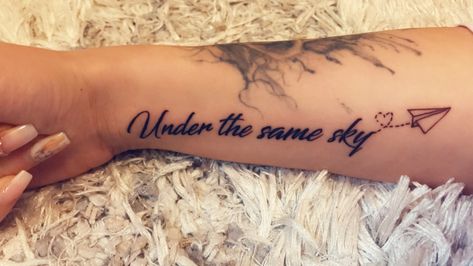 Under the same sky #tattoos #underthesamesky #sky #distance #quotes Always Under The Same Sky Tattoo, Under The Same Sky Tattoo, Skys The Limit Tattoo, Sky Is Limit Tattoo, Always Under The Same Sky, Bigger Than The Whole Sky Tattoo, Sky’s The Limit Tattoo, Distance Tattoos, Sky Tattoos