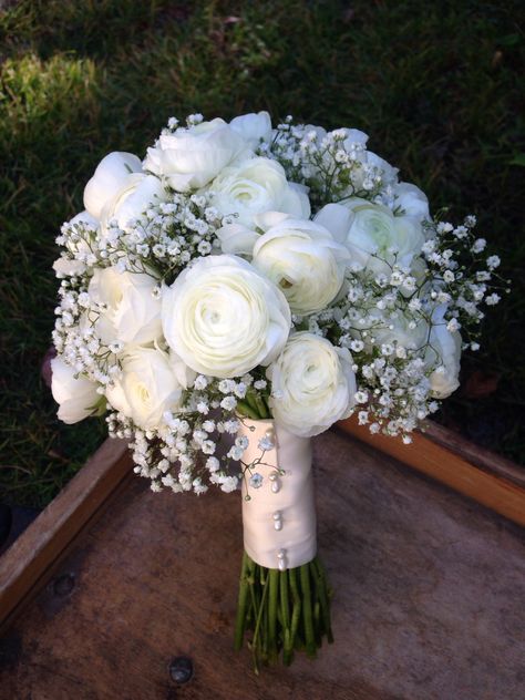 White Ranunculus and Baby's Breath Bridal Bouquet Baby's Breath Bridal Bouquet, Simple Wedding Bouquets, Wedding Flowers Hydrangea, White Ranunculus, Bridal Bouquet Flowers, White Bridal Bouquet, White Wedding Bouquets, White Bouquet, Baby's Breath