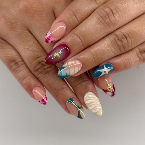 I could not tell you what the thumbs are bc I simply ~do not remember~ 😫😫 but still beautiful!!! Gel x full set: $67 Mix n match designs: $50 Total: $117 #nailsofinstagram #gelnails #chromenails #airbrushnails #3dnails #nailart #abstractnails #nailtech #nailideas #rednails #bluenails Mix And Match Nails Summer, Mismatched Acrylic Nails, Nails With Multiple Designs, Gel X Full Set, 23 Nails Design, Multiple Nail Designs, Fun Gel X Nails, Nails All Different Designs, Mix Nails Designs