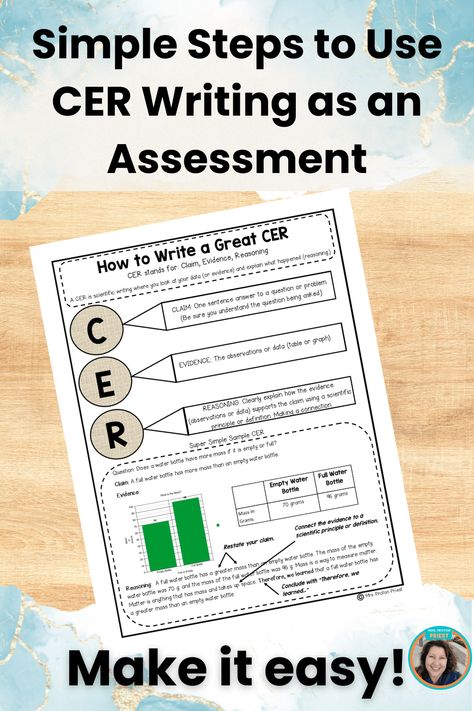 Unlock the Secrets of Middle School Science CER Writing! 📝 Discover our latest blog post that breaks down the simple steps to effectively use Claim-Evidence-Reasoning (CER) writing as an assessment tool in your middle school science classroom. Elevate student comprehension and critical thinking with these expert tips! 🧪🔬📊 #MiddleSchoolScience #CERWriting #ScienceAssessment #EducationBlog Cer Anchor Chart Science, Cer Science, Cer Writing, Science Tools Activities, Middle School Science Lab, Teaching Middle School Science, Physical Science Lessons, Middle School Science Activities, Middle School Science Classroom