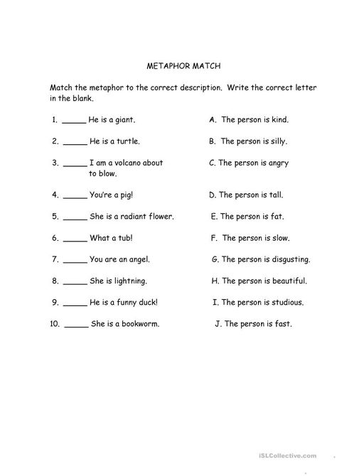 Metaphor Match - English ESL Worksheets for distance learning and physical classrooms Poetry Exercises, Metaphor Worksheet, What Is A Metaphor, Metaphor Activities, Simile And Metaphor, Simile Worksheet, Figurative Language Worksheet, Poetic Devices, Similes And Metaphors