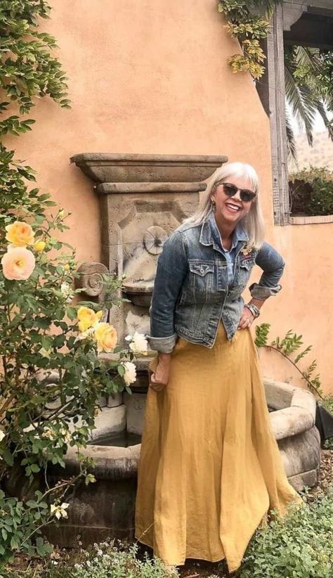 cindy hattersley in cp shades lily skirt and denim jacket Cindy Hattersley, Pixie Pants, Ageless Style, Oui Oui, Chambray Shirt, Fashion Over 50, 50 Fashion, How To Style, London Fashion