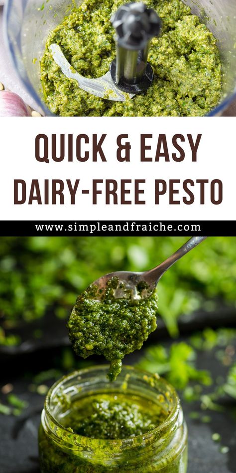 Dairy-free pesto in a glass mason jar with a spoon. Dairy Free Pesto Recipe, Pesto Recipe No Nuts Easy, Pesto With No Nuts Recipe, Non Dairy Pesto Recipe, Pesto Chicken Pasta Non Dairy, Vegan Pesto Recipe, Refreshing Summer Recipes, Dairy Free Pesto, Chilled Desserts