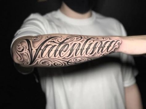 Forearm Word Tattoo, Word Tattoo Designs, Forearm Name Tattoos, Back Of Forearm Tattoo, Typographic Tattoo, Arm Tattoos Lettering, Name Tattoos On Arm, Mens Body Tattoos, Arm Tattoos For Guys Forearm