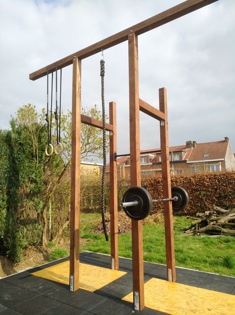 Crossfit Outdoor Gym, Backyard Pull Up Bar, Diy Outdoor Gym, Patio Gym, Outdoor Pull Up Bar, Outside Gym, Diy Pull Up Bar, Crossfit Garage Gym, Outdoor Home Gym