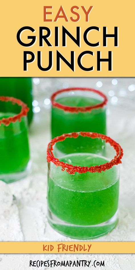 This colorful family-friendly Grinch Punch recipe is great for the festive season! All that's needed are just 6 ingredients & 5 minutes to make this fun Green Christmas punch for kids. It's so easy to make that the kids can even do it themselves! Plus you can prep this easy punch recipe in advance so perfect for entertaining. This is the holiday punch you'll be making all season long. Click to get this Non Alcoholic Punch Drink!! #punch #christmaspunch #holidaydrinkrecipes #drinks #grinch Grinch Punch Without Sherbert, Kid Friendly Holiday Punch, Christmas Party Drinks Kids, Kid Friendly Grinch Punch, Xmas Drinks For Kids, Christmas Punch Recipes For Kids, Xmas Drinks Non Alcoholic, Kid Punch Recipes, Holiday Party Drinks Nonalcoholic