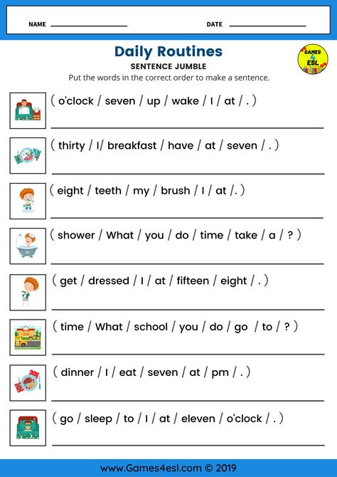 An ESL worksheet to practice daily routines vocabulary and sentences with beginner English language learners. Daily Routine Sentence In English, Make Sentences Worksheet, Daily Activities Worksheet, Esl Worksheets For Beginners, Activities In English, Esl Beginners, Daily Routine Worksheet, Easy Grammar, Daily Routine Activities