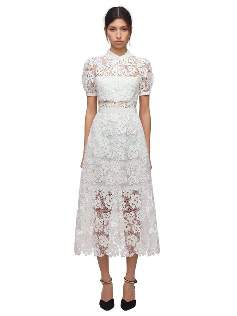 Self Portrait Dress White, Guipure Dress, Military Dresses, Portrait Dress, Full Midi Skirt, Self Portrait Dress, Cord Lace, Chiffon Midi Dress, Rose Lace