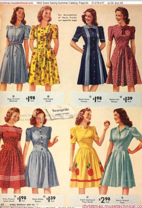 1940s Spring Fashion, 40s Outfits, 1940s Fashion Women, Housewife Dress, Fashion 40s, 1900s Fashion, Dress History, Christmas Catalogs, Clothing Catalog