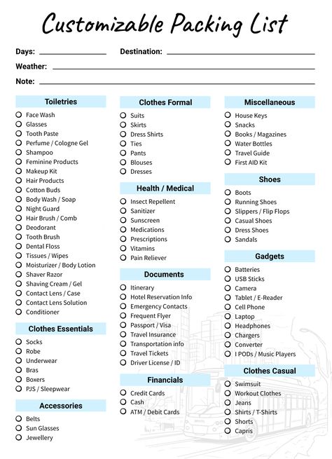 Rv Meals, Google Docs Templates, International Travel Packing, Bus Trips, Packing List Template, Printable Packing List, South Dakota Travel, Vacation List, Travel Packing List