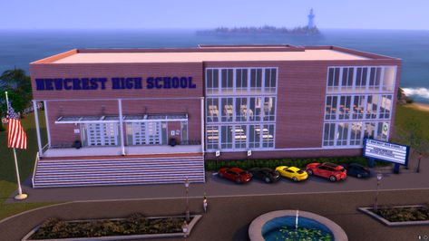 Newcrest High School Sims 4 High School, High School Building, Beverly Hills High School, Sims 4 Challenges, Sims 4 Cc Kids Clothing, School Building, School Signs, Sims 4 Build, Sims Mods