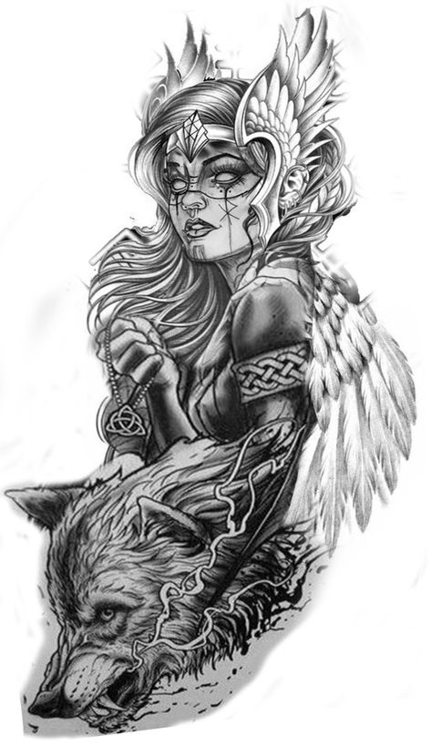 Battlefield Tattoo Ideas, Nordic Goddess Tattoo, Mythical Back Tattoo, Wolf Arm Tattoo Woman, Viking Goddess Tattoo, Freyja Goddess Tattoo, Freya Tattoo Norse Mythology, Skadi Tattoo, Men’s Sleeve Tattoos Ideas