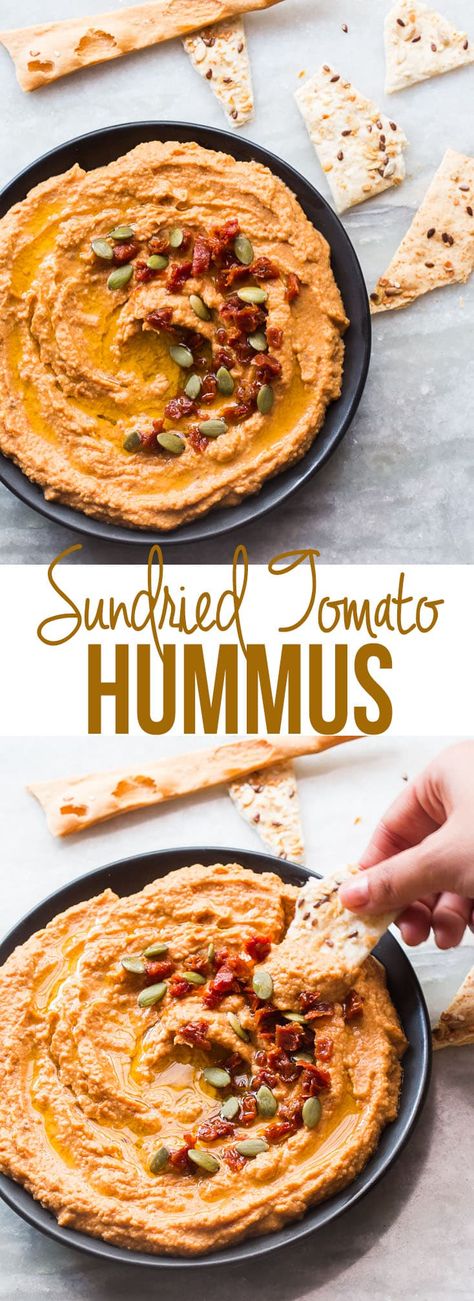 This easy recipe for creamy sundried tomato hummus doesn't require tahini, but has exact proportions for using sesame seeds instead. Recipes Using Sundried Tomatoes, Humas Recipe, Hummus No Tahini, Tomato Hummus Recipe, Sundried Tomato Hummus, Tomato Hummus, Spicy Hummus, Food Story, Easy Hummus