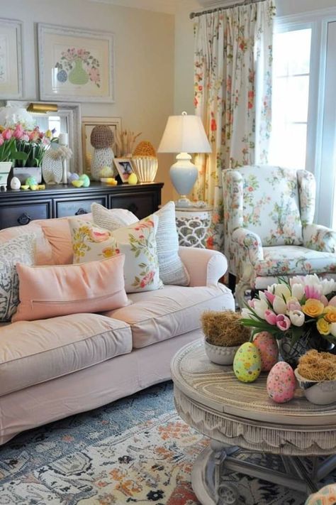 Easter Decorations Living Room, Easter Living Room Decor, Grandmillenial Style Interiors, Easter Living Room, French Country Family Room, French Cottage Living Room, Farmhouse Beige, Traditional Decorating, Cozy Decor Ideas