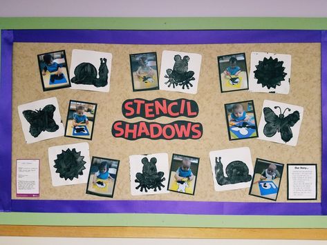 Stencil Shadows. Infant art projects. Light and Dark unit. Light And Dark Classroom Theme, Light And Dark Crafts For Infants, Shadow Crafts For Toddlers, Light And Dark Theme Infants, Light And Dark Infant Activities, Light And Dark Infant Theme, Shadow Art Preschool, Light And Dark Toddler Crafts, Light And Dark Toddler Theme