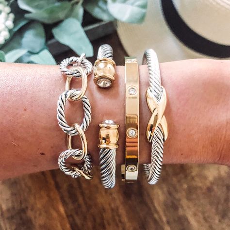 Cable Bracelet Stack, Mixed Metal Stacked Bracelets, Stacked David Yurman Bracelets, David Truman Bracelet Stack, David Yurman Stacked Bracelets, Bracket Stacks, David Yurman Gold Bracelet Stack, Mix Metal Bracelet Stack, Luxury Metal Stackable Bracelets