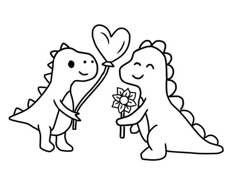 Two dinosaurs holding sunflower and heart shaped balloon. Jhoanna&yareth shirts who Dinosaur Love Drawing, Dinosaur And Flower Tattoo, Dinosaur With Flowers Tattoo, Couple Tattoos Anime, Dinosaur In Love, Holding Flowers Drawing, Dinosaurs In Love, T Rex Cartoon, T Rex Tattoo