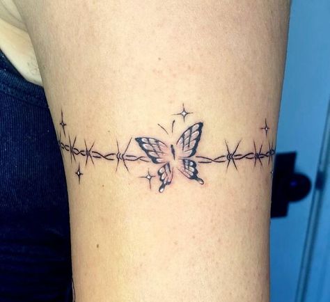 Barbed Wire Butterfly Barbed Wire Bow Tattoo, Barbed Wire Tattoo Around Arm, Barbed Wire Tattoo For Women, Barbed Wire Butterfly Tattoo, Barbed Wire Butterfly, Barb Wire Tattoo, Barbwire Tattoo, Arm Tattoos For Women Forearm, Barbed Wire Tattoo