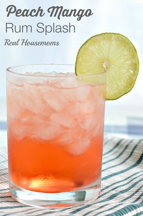 Peach Mango Rum Splash | Real Housemoms | #cocktail #rum Bartending 101, Mango Rum, Comfortably Numb, Blue Drinks, Tasty Drinks, Liquor Drinks, Fancy Drinks, Alcohol Drinks, Peach Mango