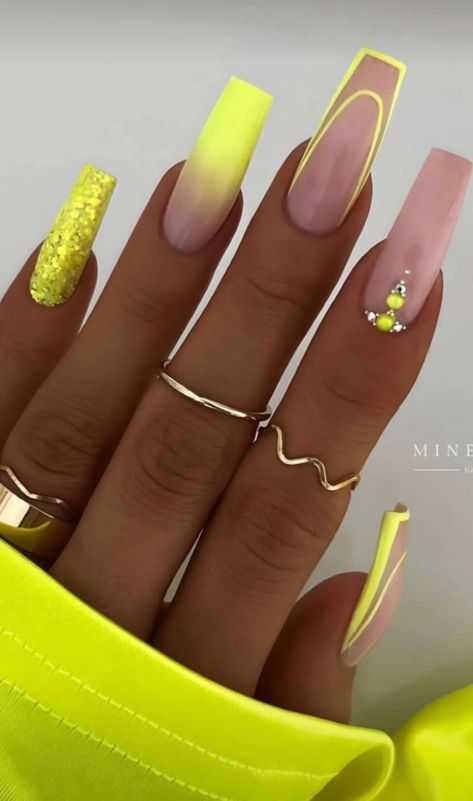 Trendy Orange Nails 2023, Neon Nail Ideas Summer Long, Birthday Nails Yellow, Bright Summer Acrylic Nails Coffin, Yellow Vacation Nails, Gel Nails Ideas Summer 2024, Neon Nail Ideas Summer Square, Glow Nails Design, Dope Nails Square