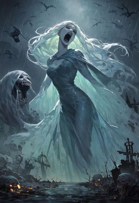 Leanan Sidhe Fantasy Art, Snow Goddess Art, Banshee Art Mythology, Banshee Character Design, Shadow Creature Concept Art, Ghost Woman Art, Female Ghost Art, Banshee Drawing, Troll Concept Art