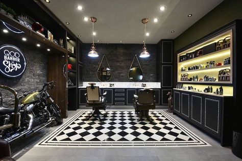 Garage Barbershop Ideas, Garage Barbershop, Barbershop Design Interior, Barber Shop Ideas, Barber Shop Interior, Barbershop Ideas, Barber Logo, Barbershop Design, Barber Shop Decor