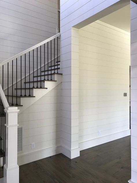 Blog Vertical Shiplap Stairwell, Dock House, Shiplap Paneling, Installing Shiplap, Stairs Design Interior, Parts Of Stairs, Stair Parts, Wooden Beams, How To Antique Wood