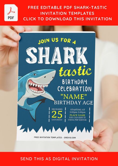 Awesome (Free Editable PDF) Cute Shark-Tastic Birthday Invitation Templates Kids Party Invitation Ideas: Our Favorites for a Fun Family Event It's tough not to smile when imagining yourself on a vast greenery field or seashore in Summer, relaxing while listening to birds sing... Shark Invitations Birthday, Shark Party Invitations, Shark Birthday Party Invitation, Party Invitation Ideas, Sports Birthday Invitations, Birthday Party Invitations Free, Shark Birthday Invitations, Shark Themed Birthday Party, Summer Party Themes