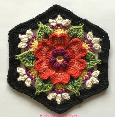 Projek Menjahit, Crocheted Flower, Crochet Hexagon, Crochet Blocks, Crochet Square Patterns, Granny Squares Pattern, Crochet Mandala, 자수 디자인, Crochet Motifs