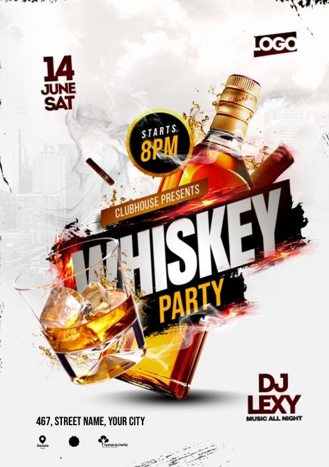 Whiskey Night, Whiskey Party, Motorcycles Logo Design, Party Flyer Design, Invert Colors, Restaurant Flyer, Afrique Art, Color Palette Challenge, Promotional Flyers