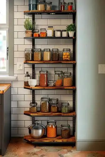 32 Open Shelving Kitchen Ideas That Blend Storage And Style Kitchenette Shelving Ideas, Exposed Shelves Kitchen, Open Corner Shelves Kitchen, Kitchen Wall Storage Ideas, Corner Shelves Kitchen, Shelving Kitchen Ideas, Open Shelving Kitchen Ideas, Shelving In Kitchen, Kitchen Shelving Unit