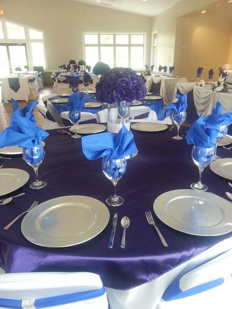 Royal blue and purple (regency) wedding reception Royal Blue And Purple Wedding Theme Wedding Ceremony Decor, Blue And Purple Wedding, Purple Table Settings, Lavender Quinceanera, Purple Wedding Tables, Reception Theme, Bday Brunch, Purple Wedding Reception, Wedding Reception Themes