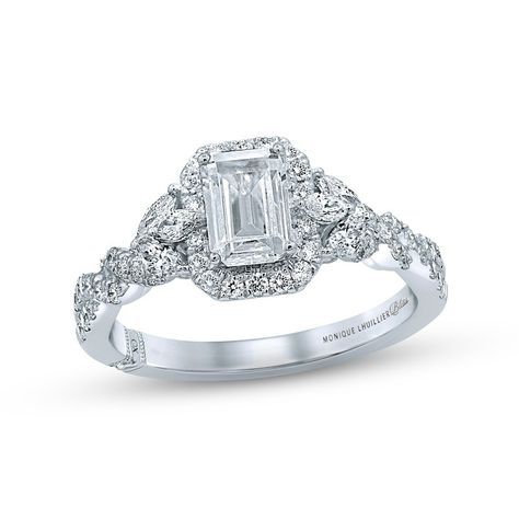 Total Weight (CT. T.W.): 1 - 3/8 Center Stone T.W.: 3/4 Color: I Clarity: SI2 Certified Diamond: yes Stone Shape: Emerald Stone 2 Shape: Marquise Stone 3 Shape: Round Stone Setting: Prong Kay Jewelers Engagement Rings, Engagement Rings Romantic, Luxury Diamond Jewelry, Luxury Engagement Rings, Fan Jewelry, Engagement Ring For Her, Emerald Cut Rings, Twisted Band, Engagement Ring Cuts