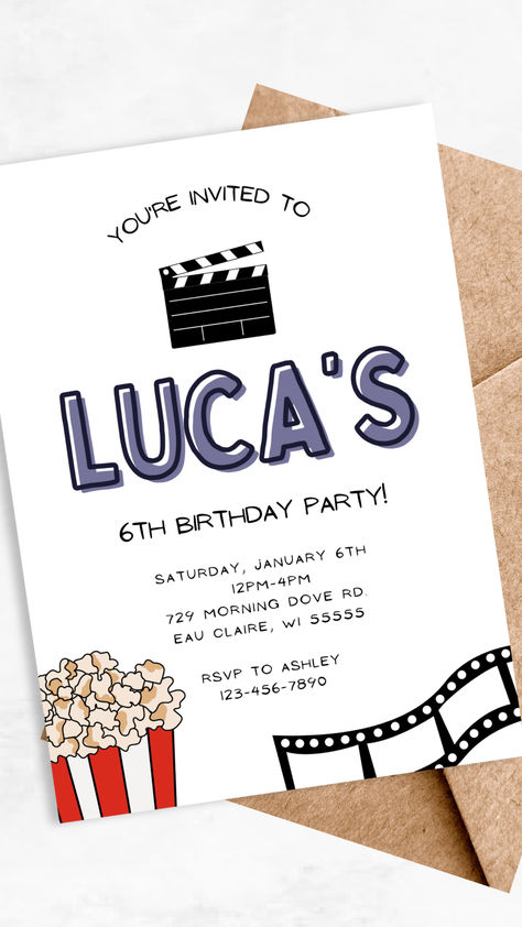 Cinema Birthday Party Ideas, Theater Birthday Party Ideas, Movie Theater Theme Birthday Party, Cinema Birthday Party, Movie Themed Invitations, Popcorn Invitations, Movie Theme Birthday Party Invitations, Movie Theater Birthday Party Ideas, Cinema Invitation