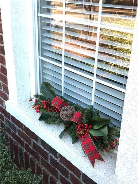 How to make Christmas Window Sill Swags for your exterior windows by Southern Charm Wreaths Christmas Window Sill, Window Swags, Christmas Window Boxes, Exterior Windows, Christmas Window Decoration, Holiday Lunch, Christmas Tables, Outside Christmas Decorations, Christmas Window Decorations