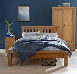 Blue Feature Wall Bedroom, Light Oak Bedroom Furniture, Oak Bunk Beds, Oak King Size Bed, Wooden Bedroom Furniture Sets, Navy Bedroom, Pine Bedroom, Navy Bedrooms, Oak Bed Frame