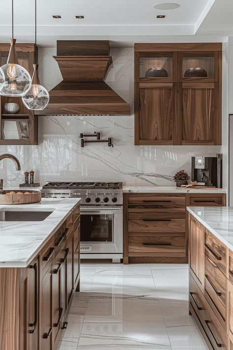 Walnut Cabinets Hardware, Dark Walnut Kitchen Cabinets Modern, Walnut Kitchen Cabinets White Counters, Stain Colors For Cabinets, Brown Maple Kitchen Cabinets, Natural Walnut Kitchen Cabinets, Dark Wood Cabinets White Countertops, Kitchens With Light Wood Cabinets, Kitchen With Walnut Cabinets