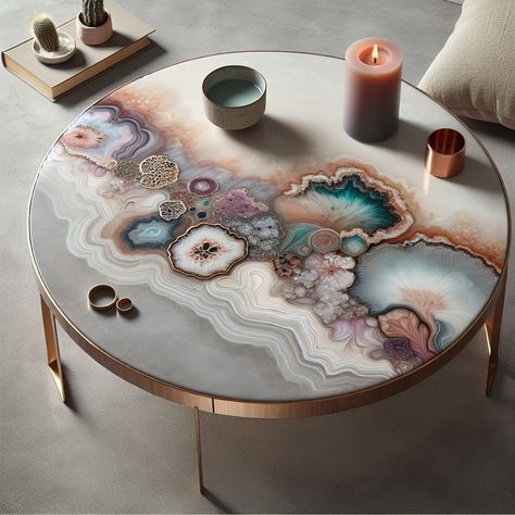 Admire this sophisticated resin art table, specifically crafted for a middle-aged female aesthetic. With soft hues and glossy finish, the design emulates serene floral patterns and earthy geode imitations, marrying artistic flair and elegance. #ResinArt #ArtisticFurniture #MiddleAgeAesthetics #ElegantHomeDecor #NatureInspiredTable #SoftHuedFurniture Epoxy Resin Art Ideas, Resin Art Table, Resin Art Wood, Resin Art Ideas, Modern House Decor, Female Aesthetic, Diy Resin Table, Resin And Wood Diy, Amazing Resin