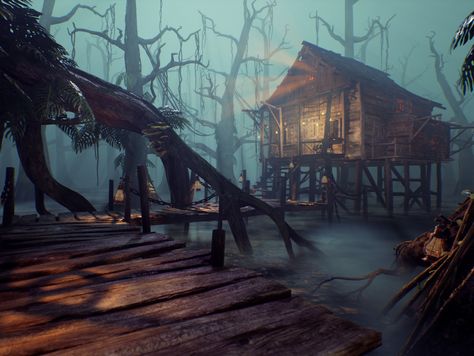 Set reality aside with these trending fantasy artworks Ue4 Environment, Swamp Village, Visual Novel Background, Back To University, Paper Theatre, Magical Beings, Forest Spirit, Warrior Girl, My Summer