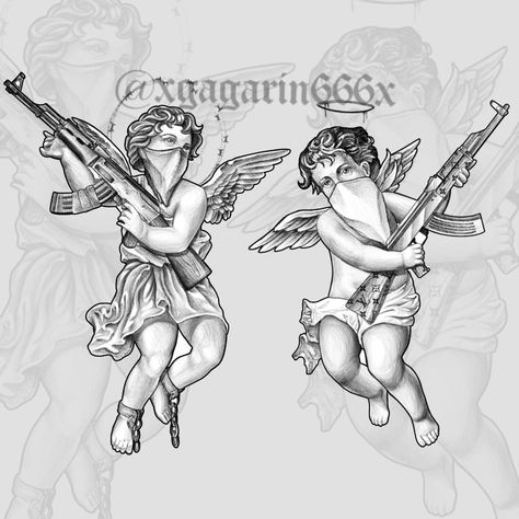 Gangsta Cupid Tattoo, Cherubs Tattoo Designs, Evil Cherub Tattoo, Gangsta Angel Tattoo, Gangster Angel Tattoo, Cupid Tattoo Design, Chicano Angel Tattoo, Chicano Tattoo Design Ideas, Chicano Tattoo Designs