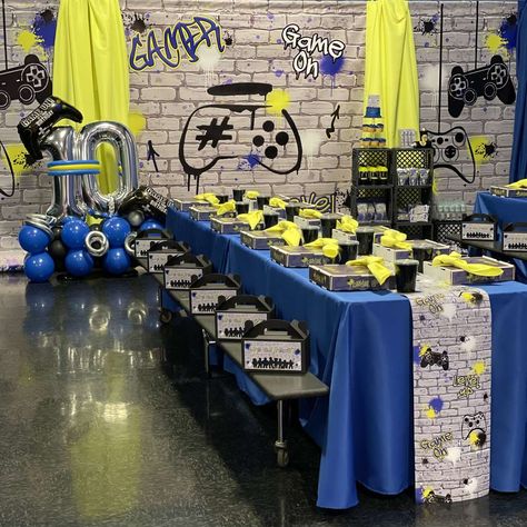 Gamer Birthday Party Ideas | Photo 2 of 8 Gamer Birthday Party Ideas, Gamers Party Ideas, Video Game Birthday Party Decorations, Playstation Party, Gamer Birthday Party, Video Game Party Decorations, Gatsby Birthday, 15th Birthday Party Ideas, Video Games Birthday Party