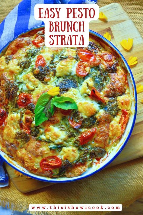 This overnight breakfast strata recipe made with summer pesto is so good! #overnightbreakfaststrata#breakfaststratarecipes Sweet Strata Recipes Breakfast, Breakfast Strata Recipes Overnight, Strada Recipe Breakfast, Breakfast Strata Overnight, Vegetable Strata, Pesto Breakfast, Strata Recipes Breakfast, Summer Pesto, Strata Recipe