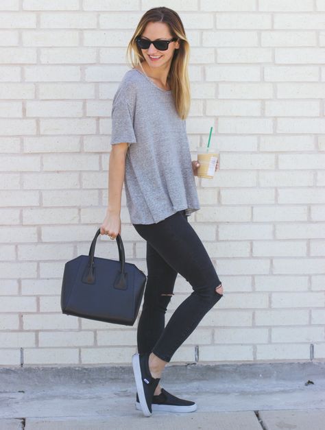 Casual Tee & Slip-On Sneakers | LivvyLand | Austin Fashion & Style Blog by Olivia Watson Slip On Outfit, Black Sneakers Outfit, Black Slip On Vans, Austin Fashion, Texas Fashion, Austin Style, Slip On Vans, Sneaker Outfits, Vans Outfit