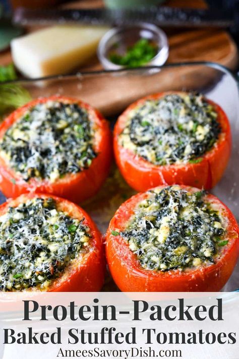 Baked Stuffed Tomatoes with Spinach and Cottage Cheese Healthy Stuffed Tomatoes, Roasted Stuffed Tomatoes Cottage Cheese, Stuffed Tomatoes Baked, Cottage Cheese And Tomatoes, Stuffed Tomatoes Recipes, Spinach Stuffed Peppers, Spinach Stuffed Tomatoes, Spinach And Cottage Cheese, Stuffed Veggies