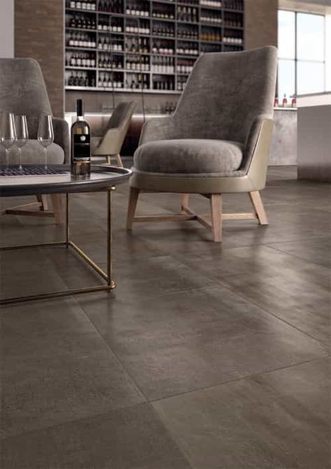 Inspiration Gallery - Virginia Tile Company Modern Kitchen Grey Floor, Dark Tile Floors, Dark Kitchen Floors, Dark Grey Tile, Modern Grey Kitchen, Marble Flooring Design, Small Office Design, Dark Tile, Grey Floor Tiles